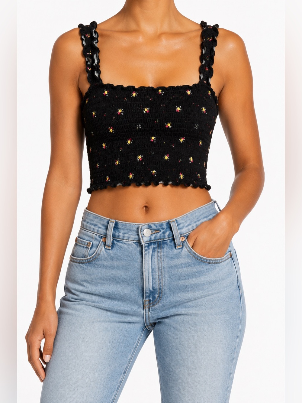 Forever 21 Black Floral Smocked Crop Top
